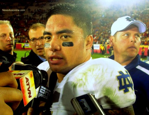 Caught in a web: Notre Dame linebacker Manti Te'o has been publicly outed about a fake dead girlfriend. Photo Credit: Dennis J. Freeman