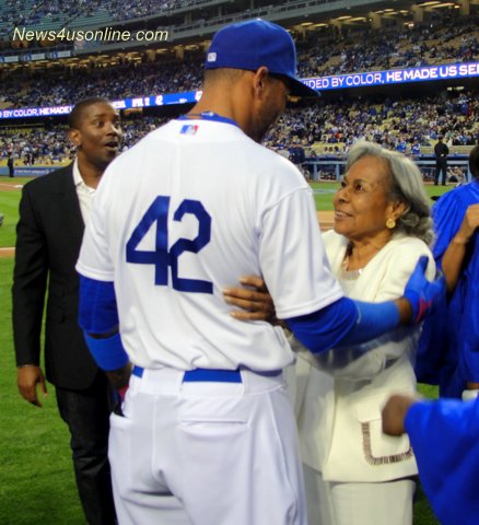 Los Angeles Dodgers outfielder Matt Kemp and Rachel Robinson celebrate Jackie Robinson Day. Photo Credit: Dennis J. Freeman