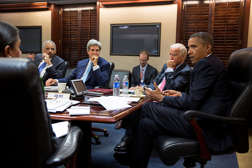 President Barack Obama meets with his National Security Staff to discuss the situation in Syria, in the Situation Room of the White House, Aug. 30, 2013. From left at the table: National Security Advisor Susan E. Rice; Attorney General Eric Holder; Secretary of State John Kerry; and Vice President Joe Biden. (Official White House Photo by Pete Souza)
