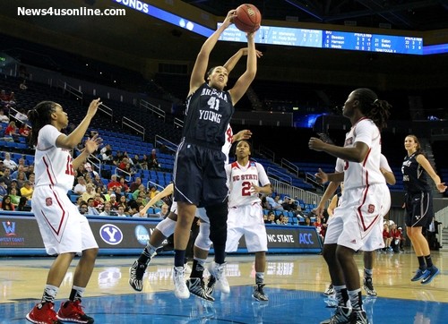 Morgan Bailey (41) goes up for one of 12 rebounds  against North Carolina State in the first round of the NCAA women's tournament. Photo by Dennis J. Freeman
