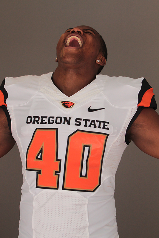 Oregon State Linebacker Michael Doctor showing us his war cry after a sack for the camera. Photo by Jevone Moore / News4usonline.com