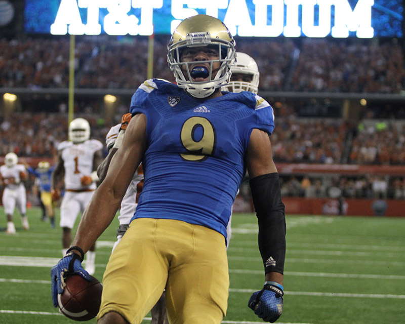 UCLA wide receiver Jordan Payton (9) celebrating in the endzone after game winning 33-yard touchdown catch against Texas earlier this season. Payton caught a 70-yard score from Brett Hundley against Arizona. Photo Credit: Jevone Moore  Courtesy of Full Image 360 / News4usonline.com