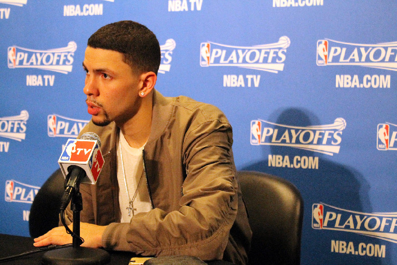 Austin Rivers meet with the media after Game 3 between the Los Angeles Clippers and Houston Rockets. Rivers scored a playoff-high 25 points to lead the Clippers to a 124-99 win at Staples Center. Photo Credit: Dennis J. Freeman/News4usonline.com