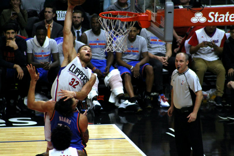 Blake Griffin goes over the top for a big play for the Los Angeles Clippers against the Oklahoma City Thunder. Photo by Dennis J. Freeman/News4usonline.com