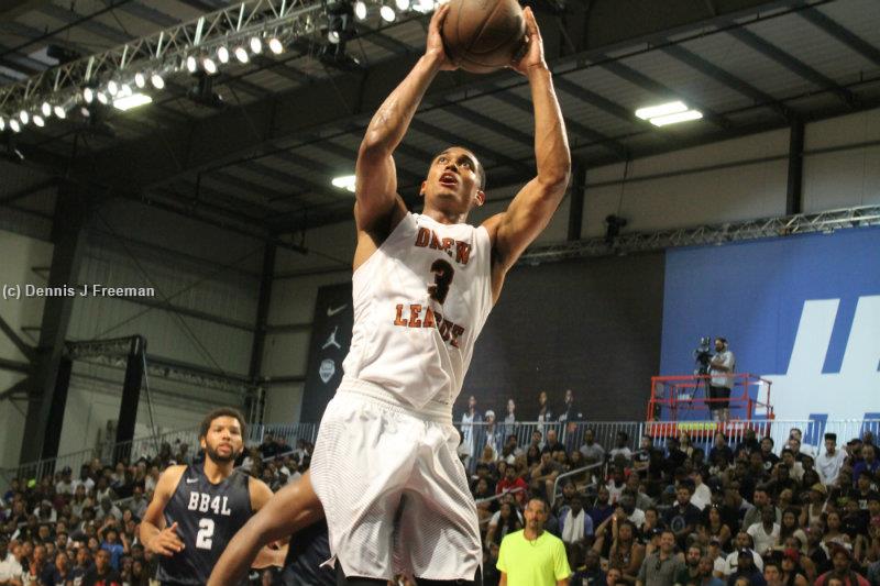 Los Angeles Lakers guard Jordan Clarkson put on a show at the Air Hangar in Hawthorne, California on Saturday, July 23. Playing in the nightcap game, Clarkson scored 33 points in the second of two Drew League games played. Photo by Dennis J. Freeman/News4usonline