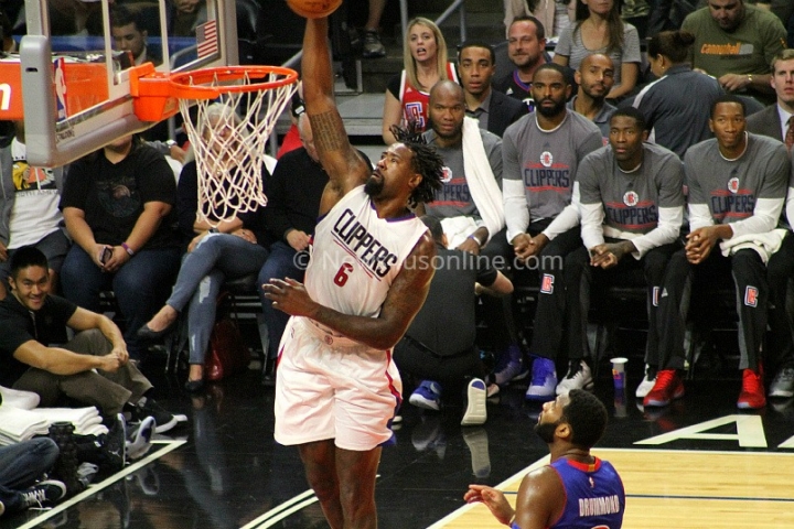 DeAndre Jordan goes for two points against the Detroit Pistons in the Los Angeles Clippers' 114-82 win at Staples Center on Monday, Nov. 7, 2016. Photo by Dennis J. Freeman/News4usonline.com