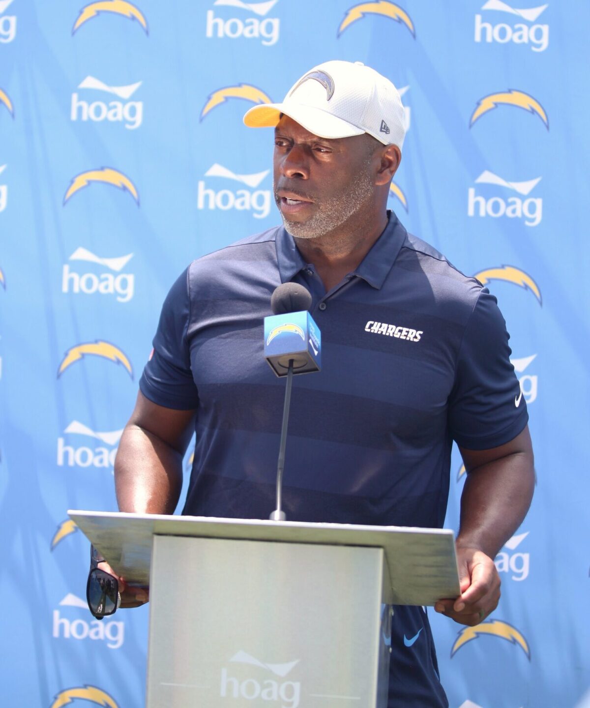 Former Los Angeles Chargers head coach Anthony Lynn speaks to members of the media following a 2018 training camp practice in Costa Mesa, California. 