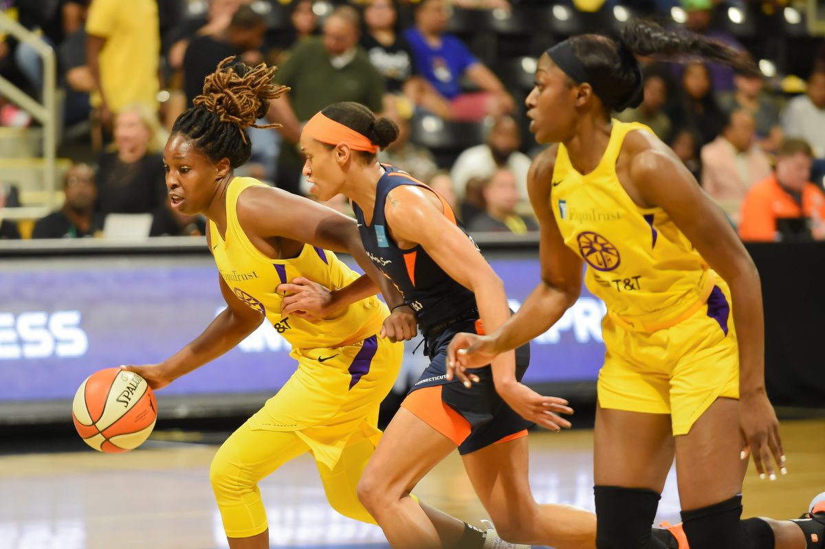Sept. 22, 2019 Sept. 22, 2019 © Sammy Saludo/News4usonline - Los Angeles Sparks guard Chelsea Gray attempts to dribble the ball up the court against the defense of a Connecticut Sun player. 