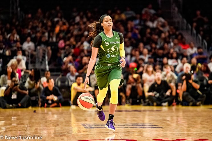 Former UCLA star and current Seattle Storm guard Jordin Canada brings the ball up the court against the Los Angeles Sparks at STAPLES Center. Photo credit: News4usonline 