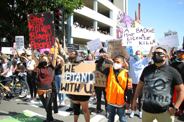 The Los Angeles chapter of Black Lives Matter bring the noise to Long Beach, California, to protest of George Floyd, a 46-year-old black man who died in police custody. Global protests in the wake of Floyd's death lasted for two weeks. Photo by Dennis J. Freeman