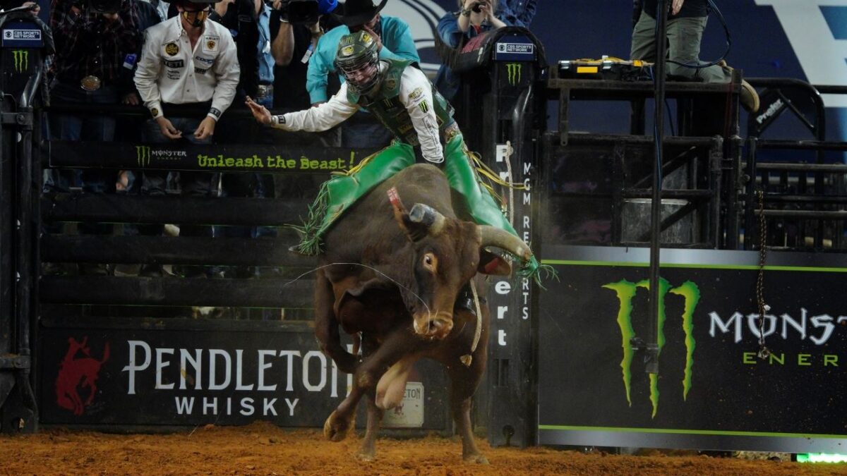 Jess Lockwood, who is ranked No. 5 on the Professional Bull Riders tour, rides Lil 2 Train during the 2020 Professional Bull Riders World Finals: Unleash the Beast event in Arlington, Texas. Photo credit: Melinda Meijer for News4usonline
