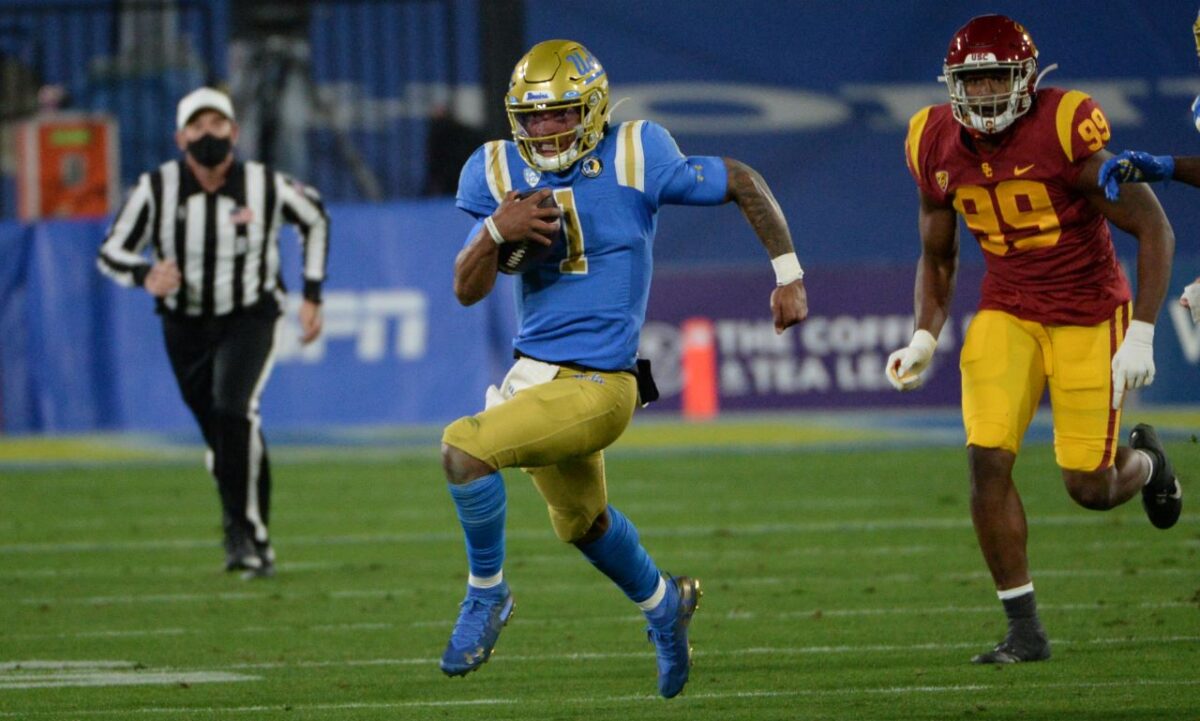 UCLA quarterback rushed for 58 yards and passed for 364 yards and four touchdowns in the Bruins' 43-38 defeat to the USC Trojans at the Rose Bowl on Saturday, Dec. 12, 2020. Photo credit: UCLA Athletics 