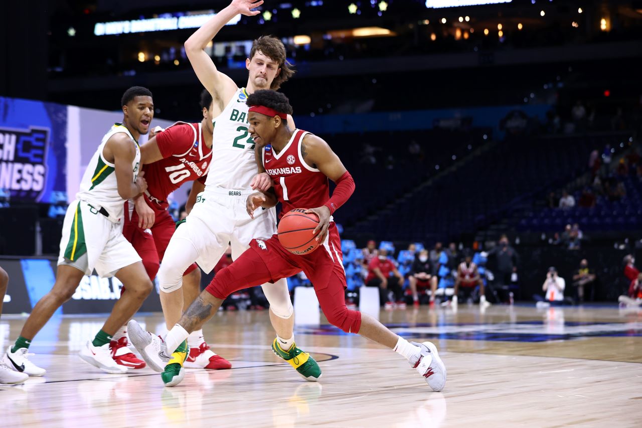 INDIANAPOLIS, IN - MARCH 29: The Arkansas Razorbacks take on the Baylor Bears in the Elite Eight round of the 2021 NCAA Division I Men’s Basketball Tournament held at Lucas Oil Stadium on March 29, 2021 in Indianapolis, Indiana. (Photo by Jamie Schwaberow/NCAA Photos via Getty Images)