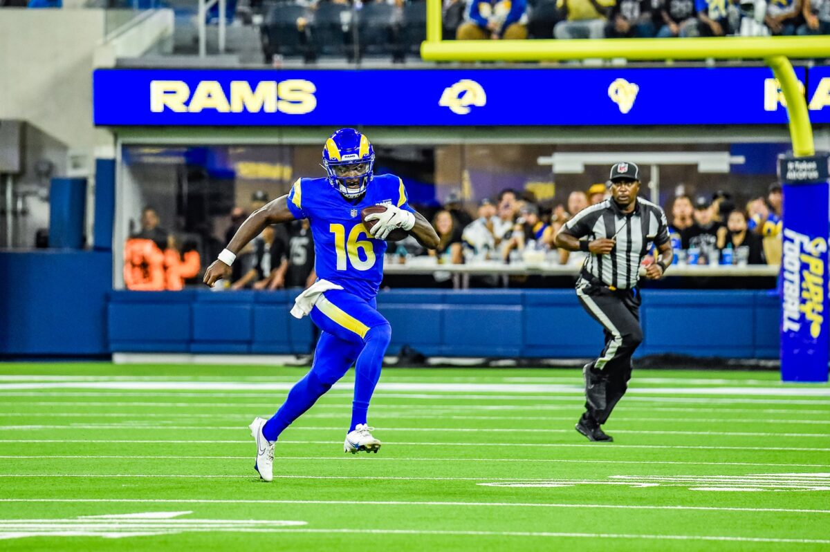 INGLEWOOD, CA - AUGUST 14: Los Angeles Rams quarterback Bryce Perkins (16)  during the Los Angeles Chargers versus the Los Angeles Rams preseason NFL  game on August 14, 2021, at SoFi Stadium