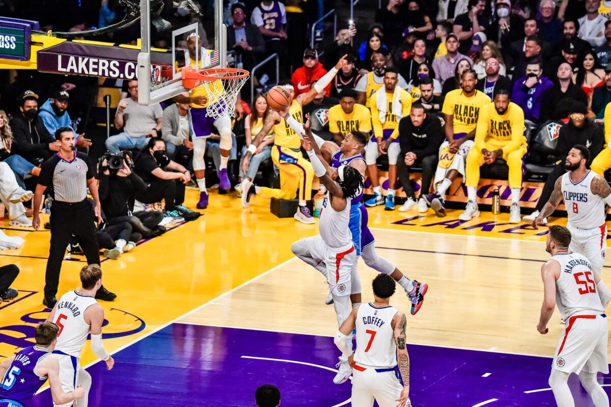 February 25, 2022. Los Angeles Lakers guard Russell Westbrook (0) drives hard to the basket. Westbrook scored 18 points in the Lakers' 105-102 loss to the Los Angeles Clippers at Crypto.om Arena   
