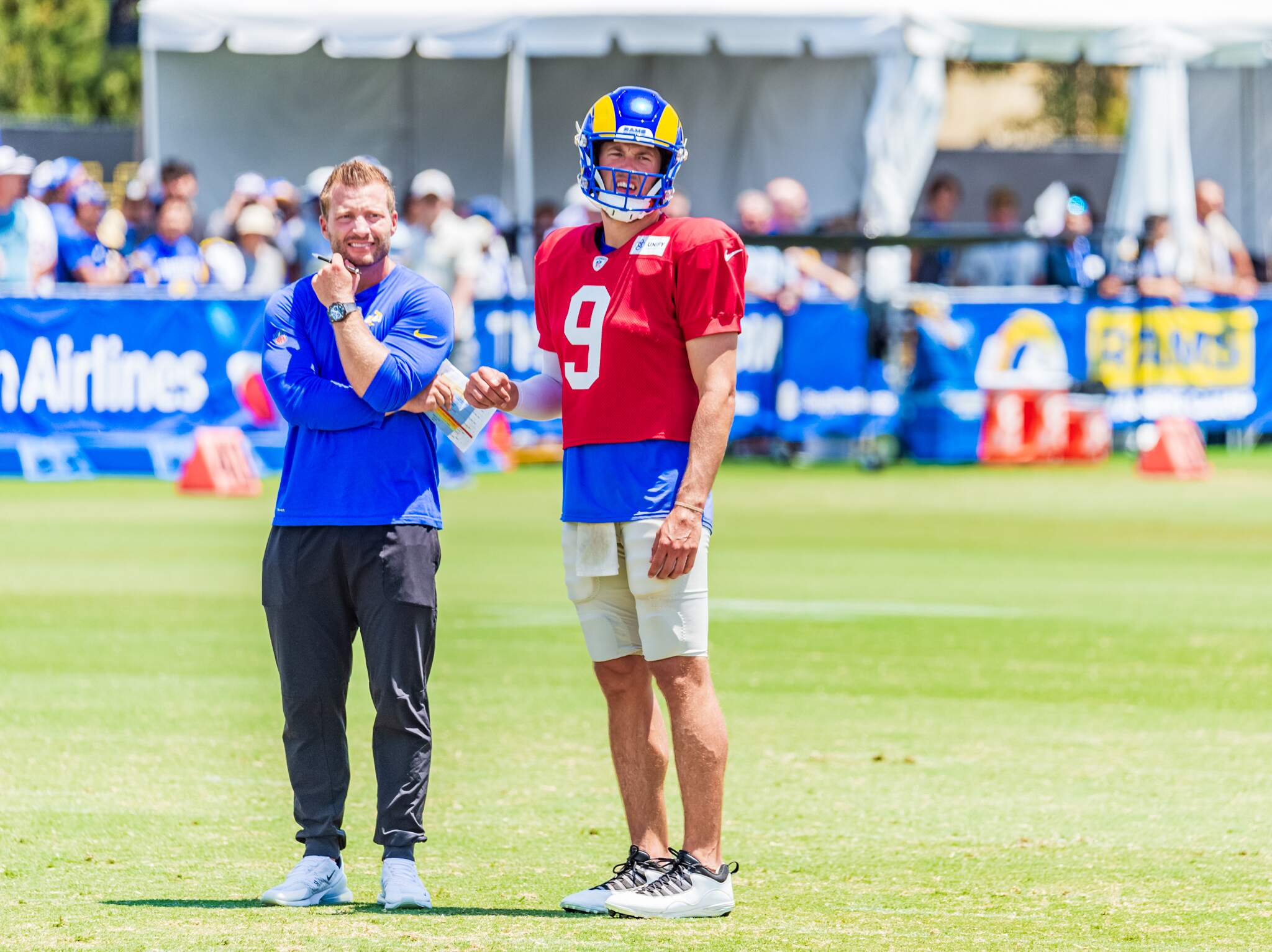 Matthew Stafford throws passes in Rams' camp practice opener