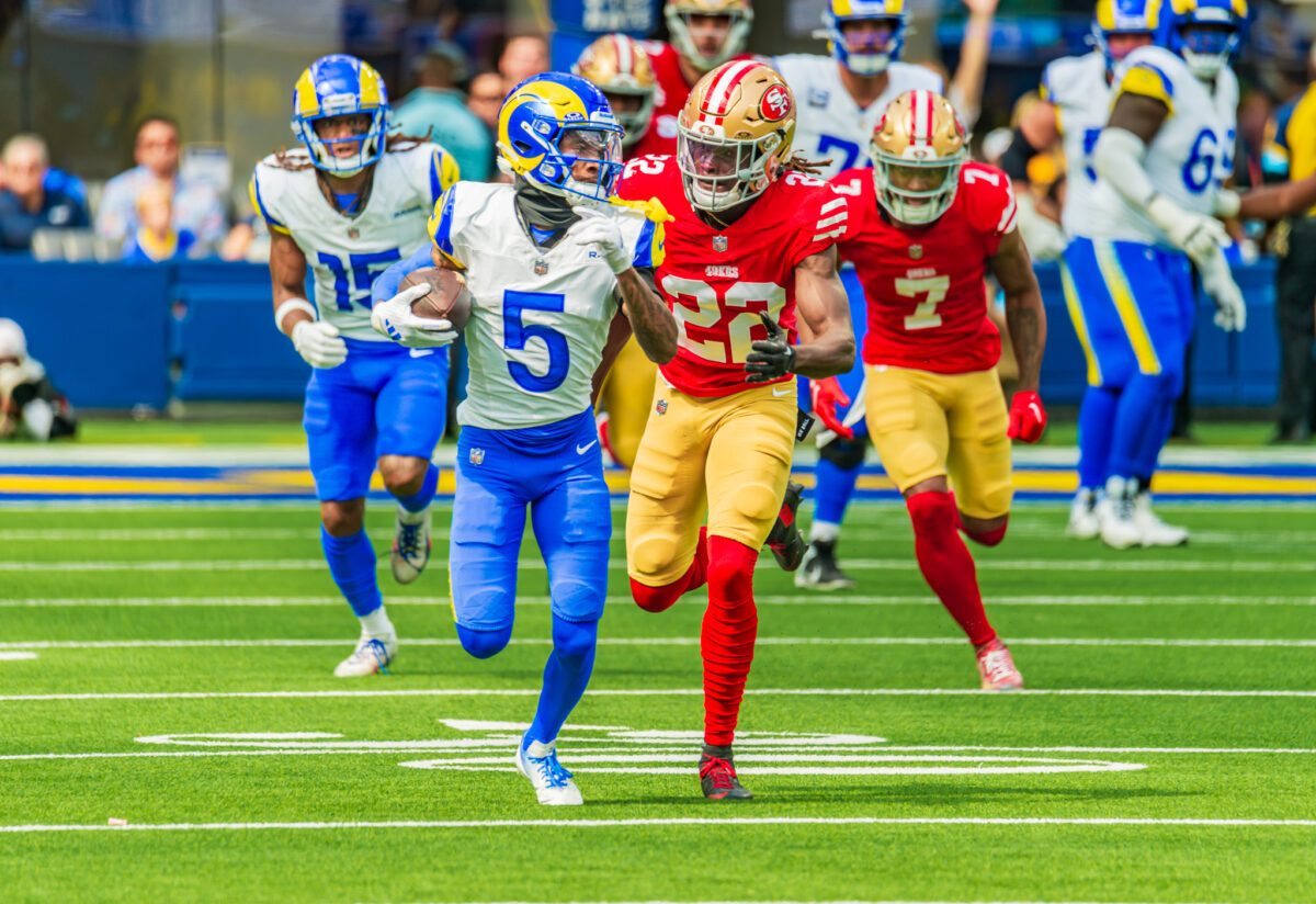 Los Angeles Rams wide receiver Tutu Atwell (5) caught four passes for 93 yards in a 27-24 win in Week 3 against the San Francisco 49ers at SoFi Stadium on Sept. 22, 2024.