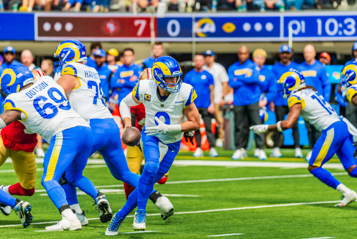 Los Angeles Rams quarterback Matthew Stafford (9) passed for 221 yards and a touchdown against the San Francisco 49ers in a 27-24 win in Week 3 at SoFi Stadium on Sept. 22, 2024. 