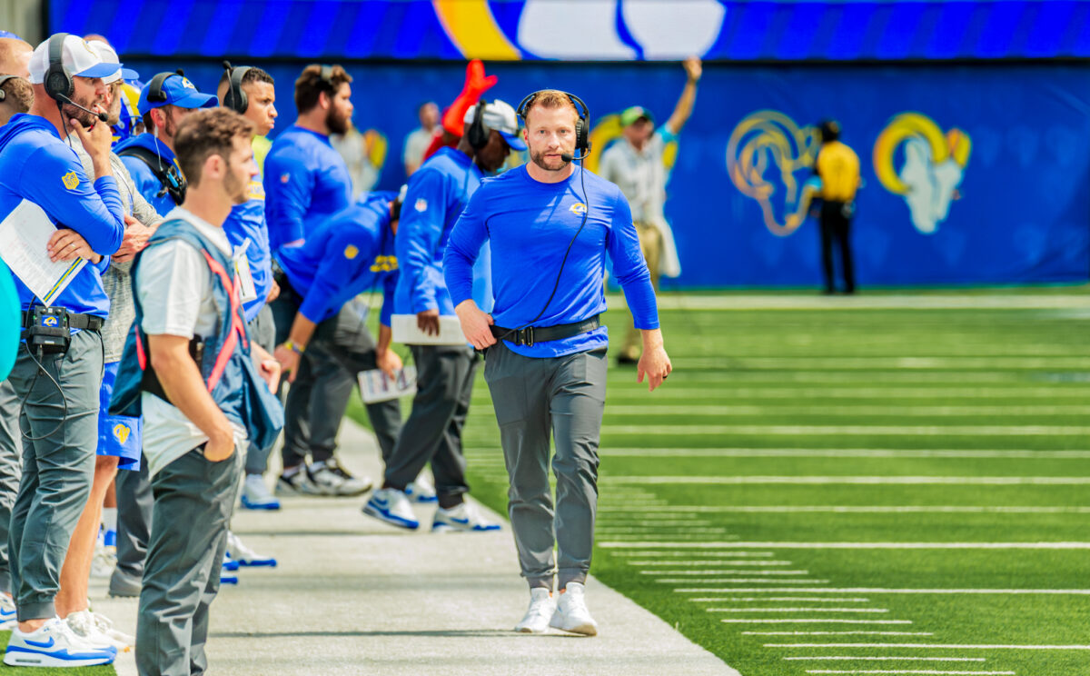 Los Angeles Rams head coach Sean McVay paces the sidelines during a 2024 preseason game at SoFI Stadium in Inglewood, California. 