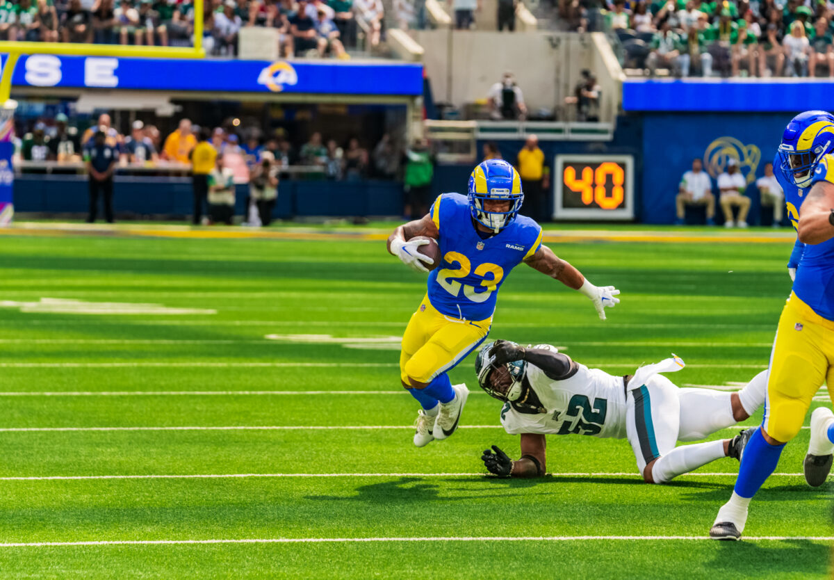 Los Angeles Rams running back Kyren Williams run the football against the Philadelphia Eagles during an NFL game played at SoFi Stadium in Inglewood, California. 