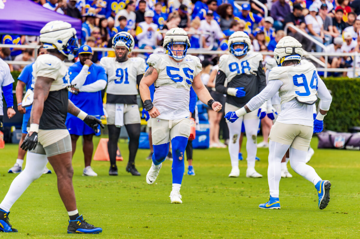 Rams rookie defensive tackle Braden FIske (55) at work during a training camp practice at Loyola Marymount in Los Angeles, California. 